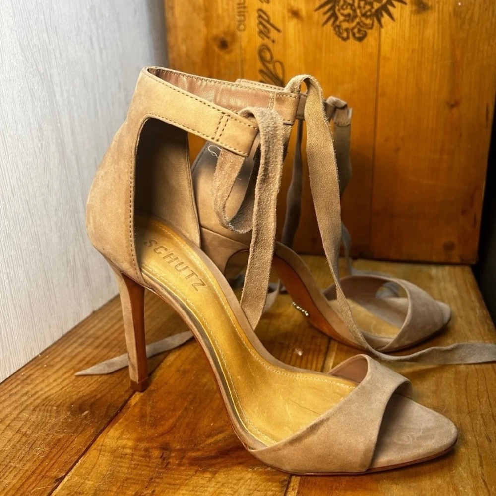 SCHUTZ Taupe Suede Ankle Tie Stiletto Sandals